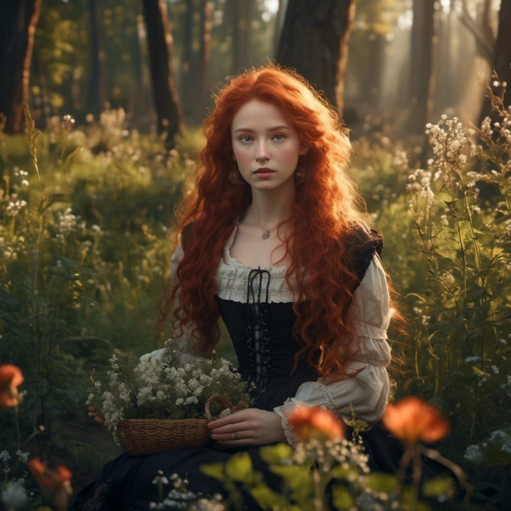 Redhead in Spring Forest Collecting Plants