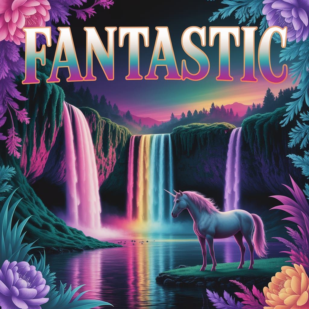 A poster with huge, gigantic, extra large, bold text that says "FANTASTIC" at the top, in an arched FANCY font, GRADIENT...