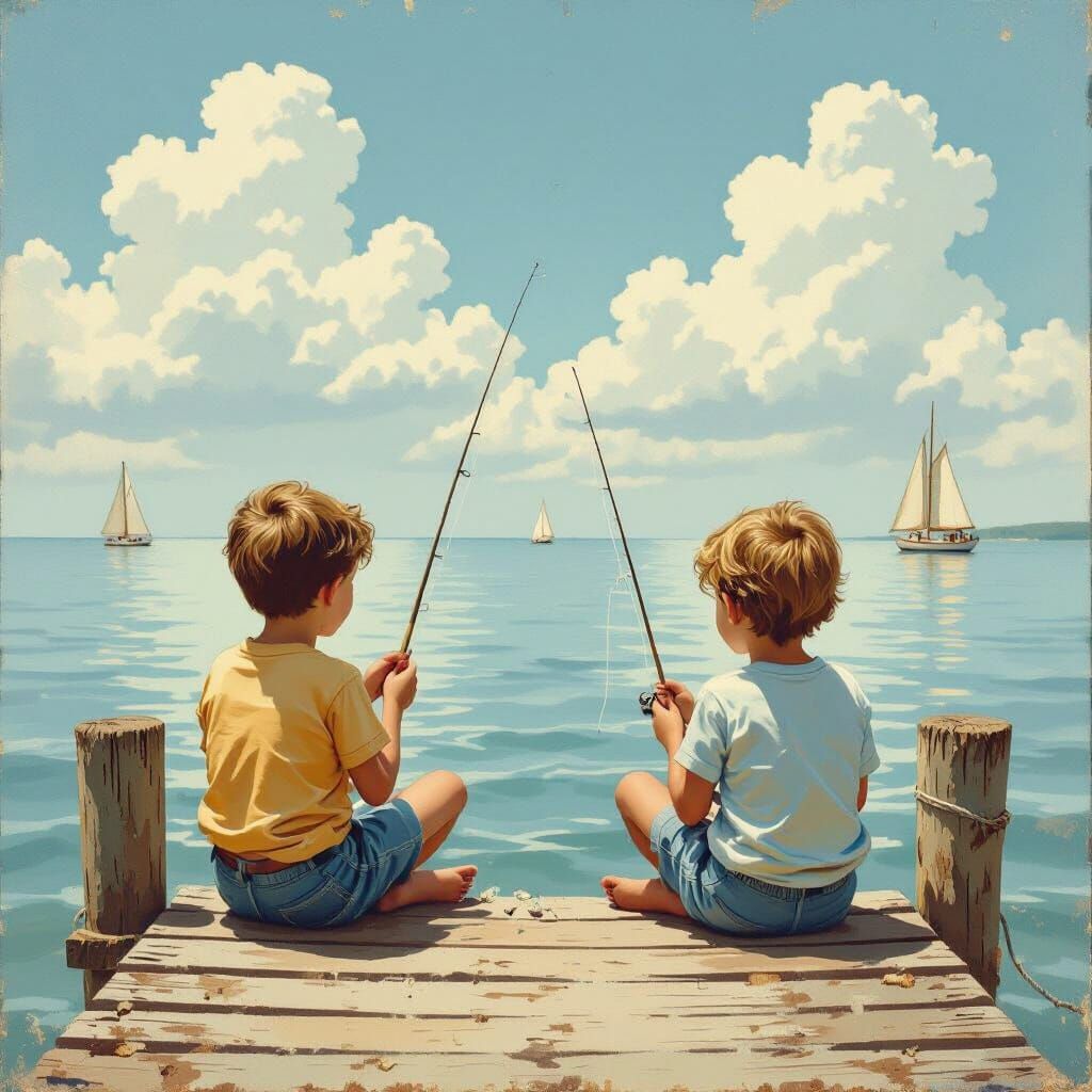 Boys Fishing on Dock, Inspired by Master Artists