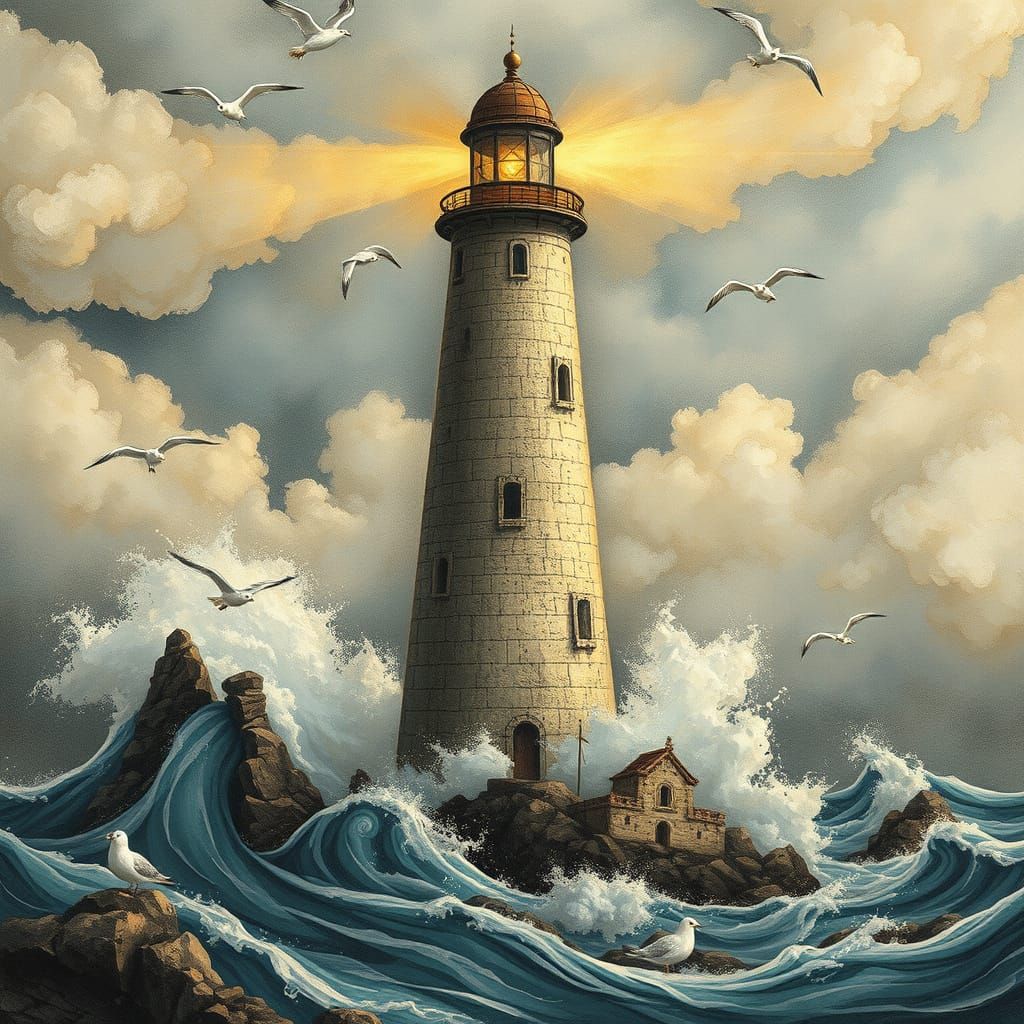 Whimsical Lighthouse in Magical Realism Style