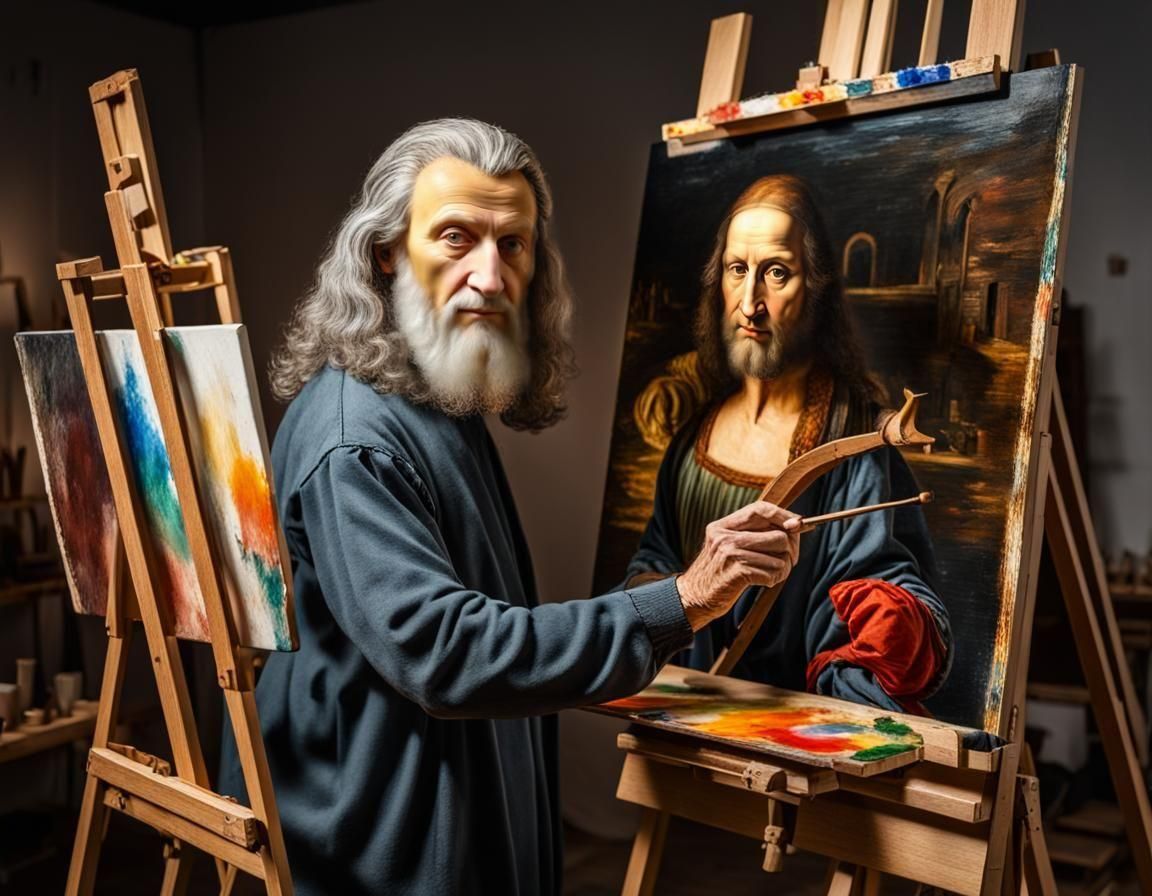 Da Vinci Paints a Portrait in Studio