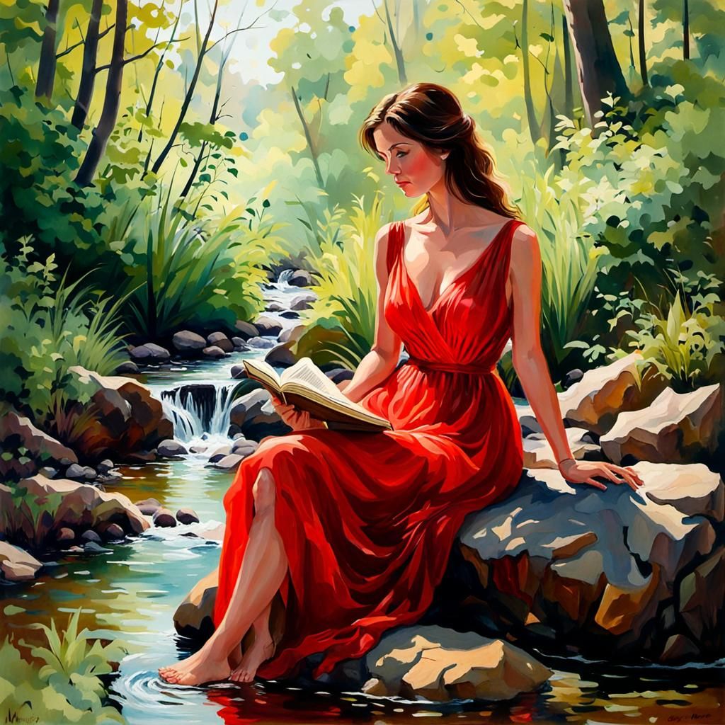 Woman Reading by Stream in Gouache Style