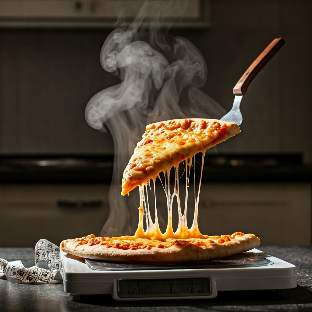 Delicious Steaming Pizza Slice with Scale and Tape