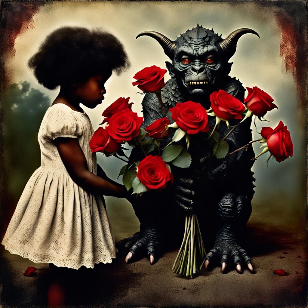 Vintage Photo of Girl Offering Roses to Demon