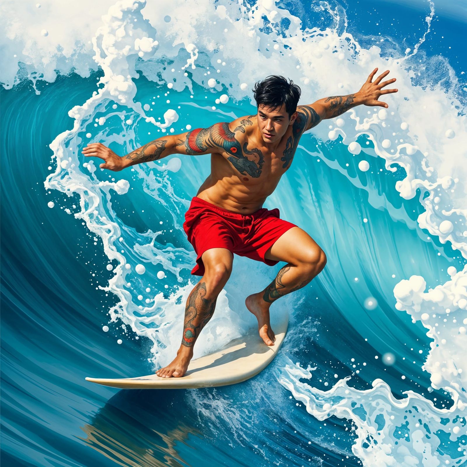 Tattooed Surfer Rides the Wave