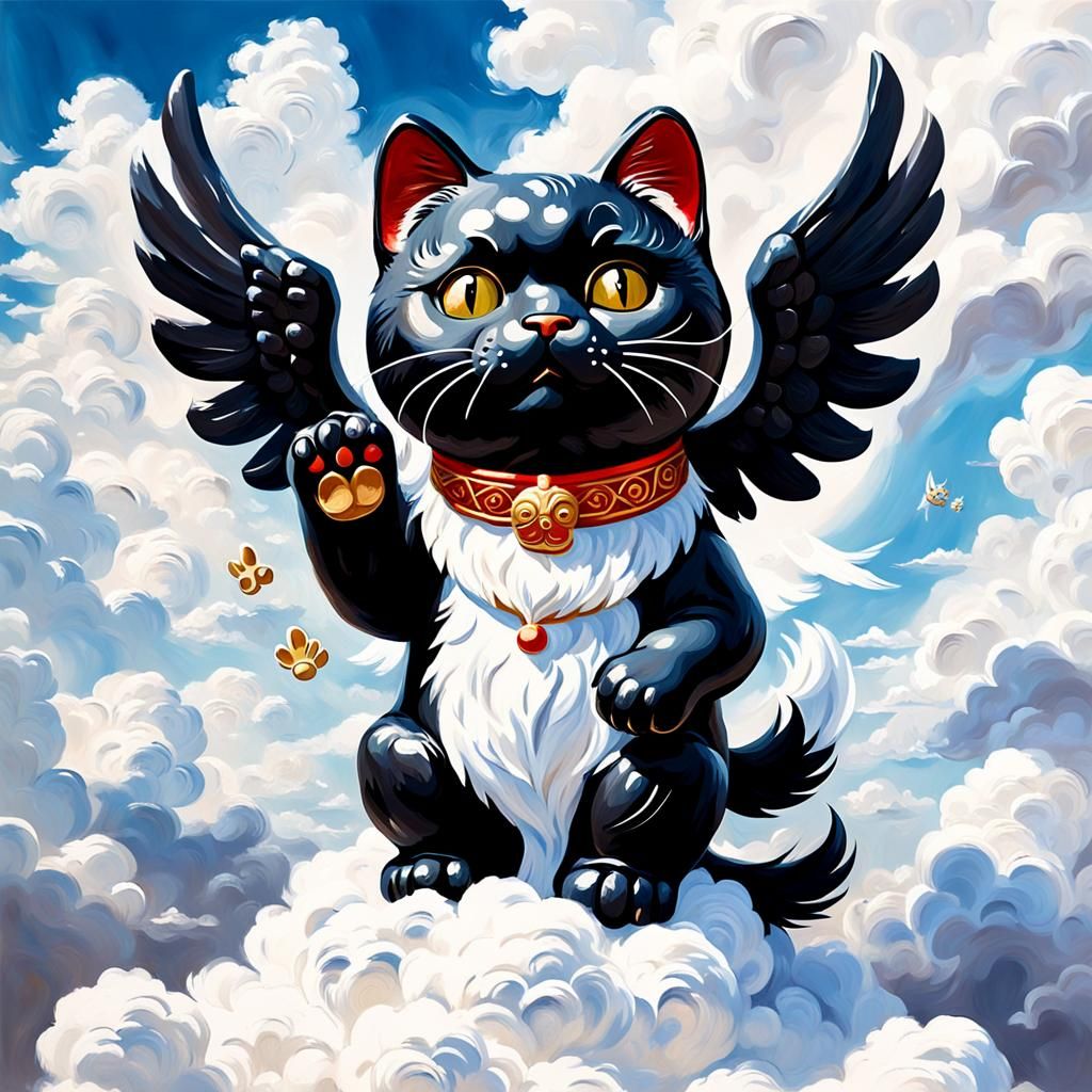 Winged Black Maneki Neko in Impasto Paint Style