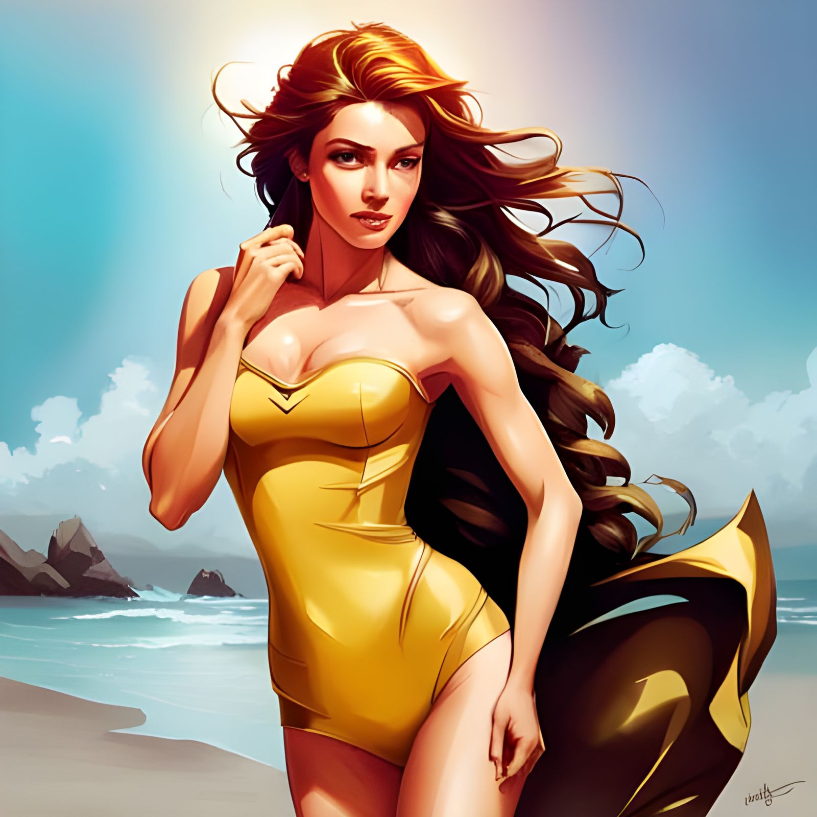 Belle in Yellow Swimsuit on the Beach