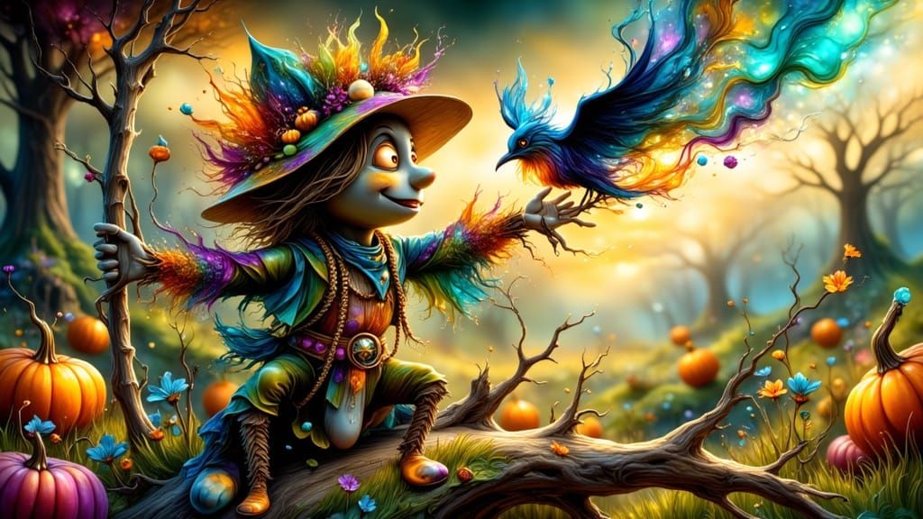 Whimsical Punky Scarecrow in Magical Field