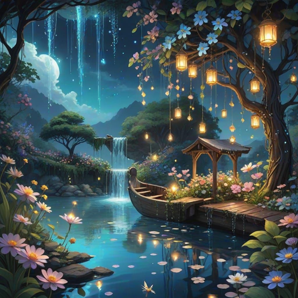 Ethereal Secret Garden Waterfall with Fairies in Anime Style