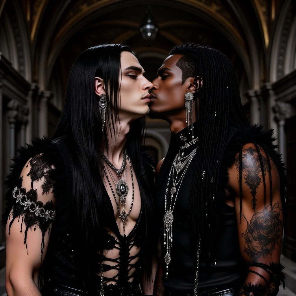 Goth Men Kissing in Ornate Gothic Hall
