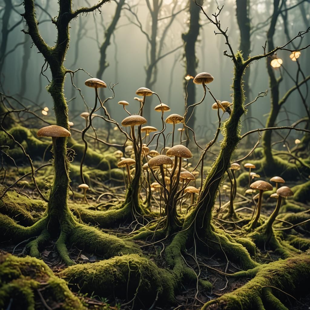 Mystical Moss Covered Wires in Bioluminescent Setting