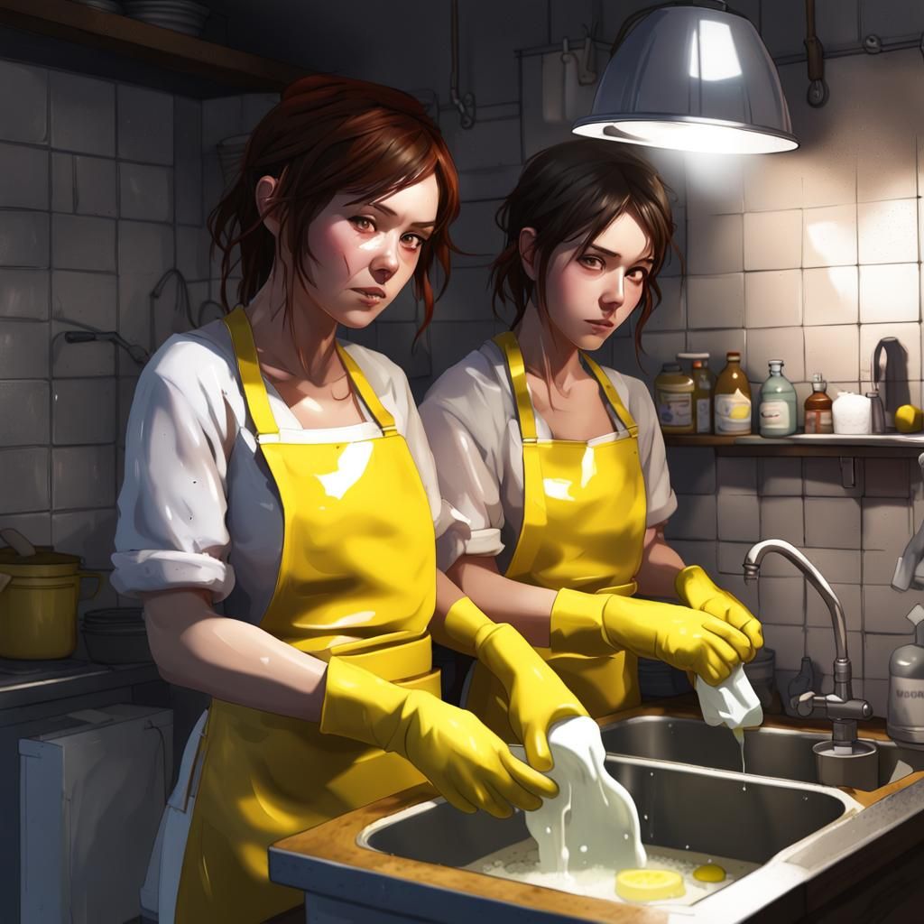 Anime Art: Exhausted Women Washing Dishes