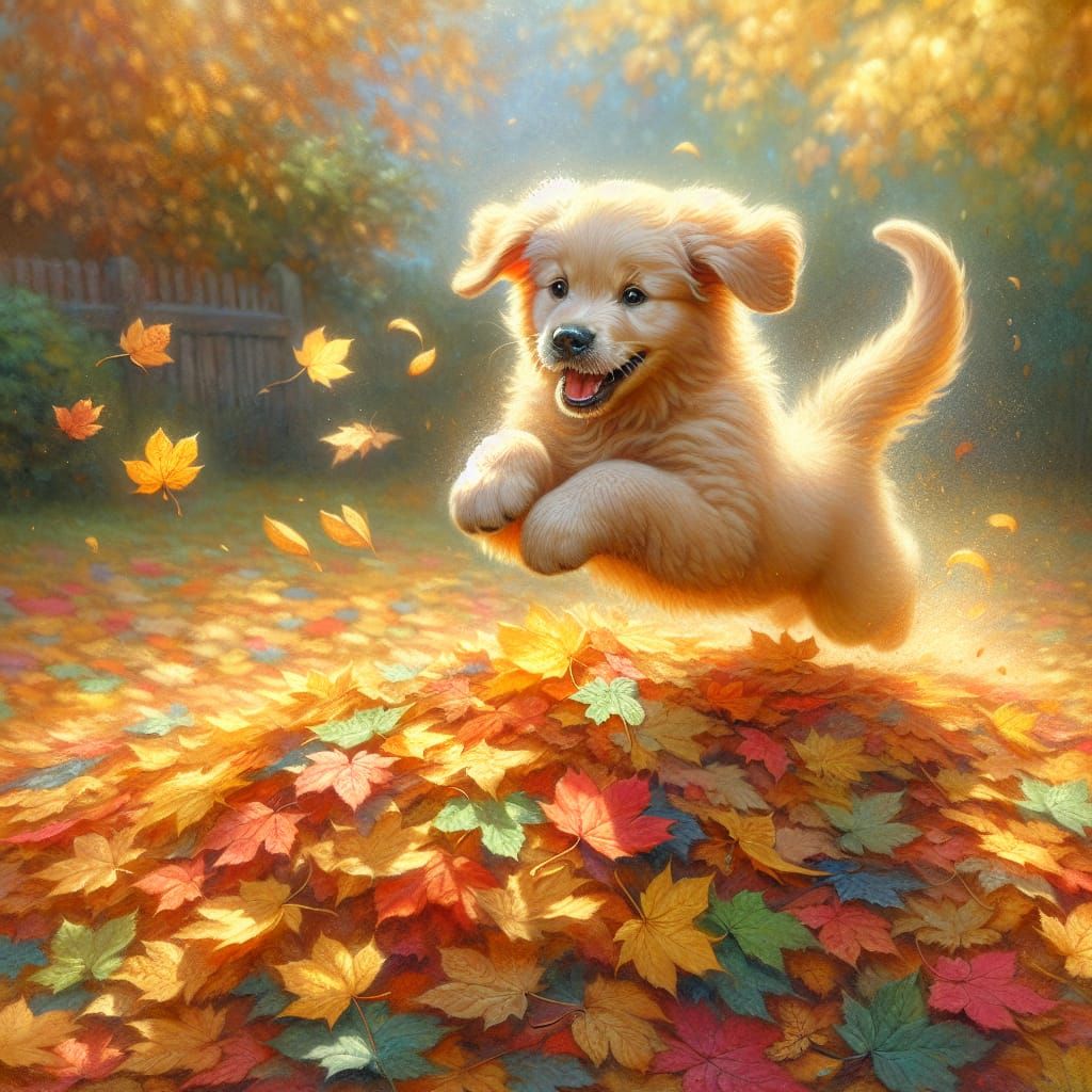 Golden Retriever Puppy Leaping in Autumn Leaves