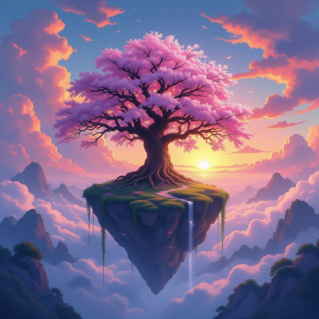 Mystical Floating Island with Cherry Tree at Sunset