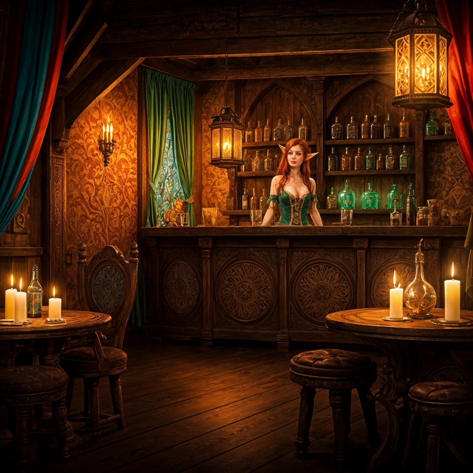 Lively Medieval Tavern Interior with Elf Barmaid