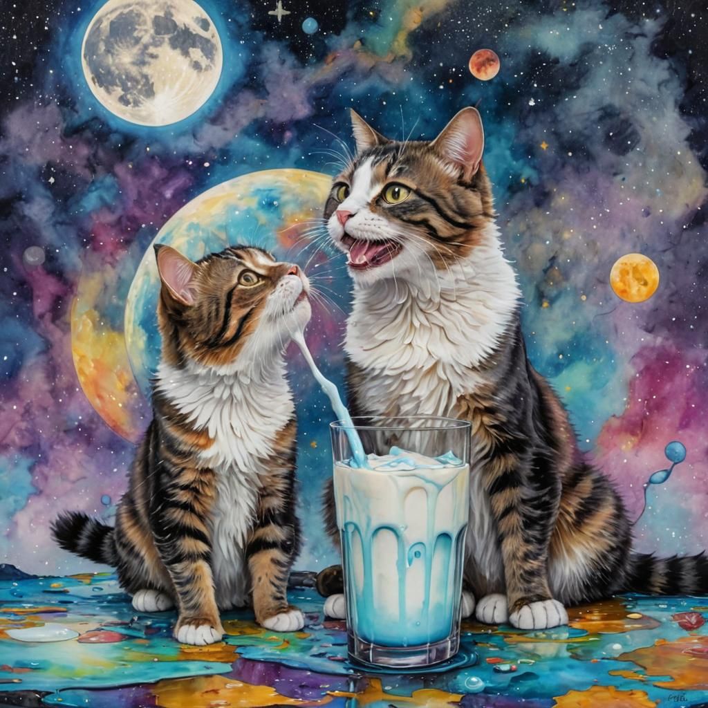 Cat Shares Milk Under Planetary Sky as Alcohol Ink Art