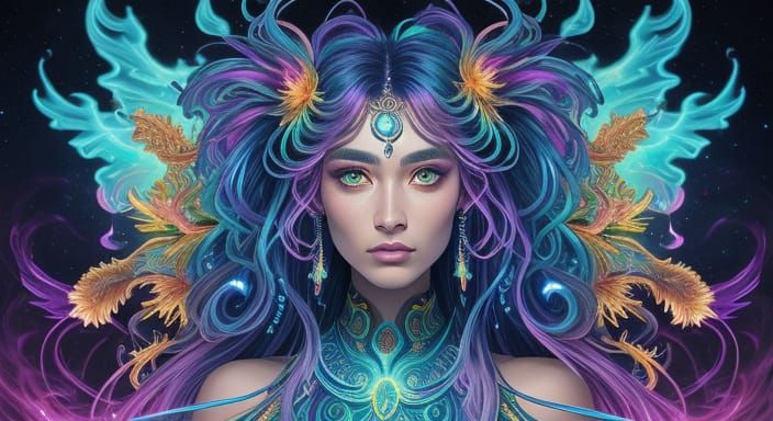 Bioluminescent Dreamscape with Queen Portrait