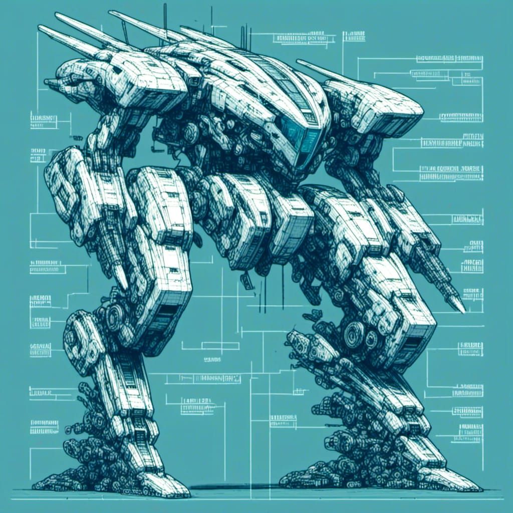 Mecha Blueprint Diagram in White Line Art