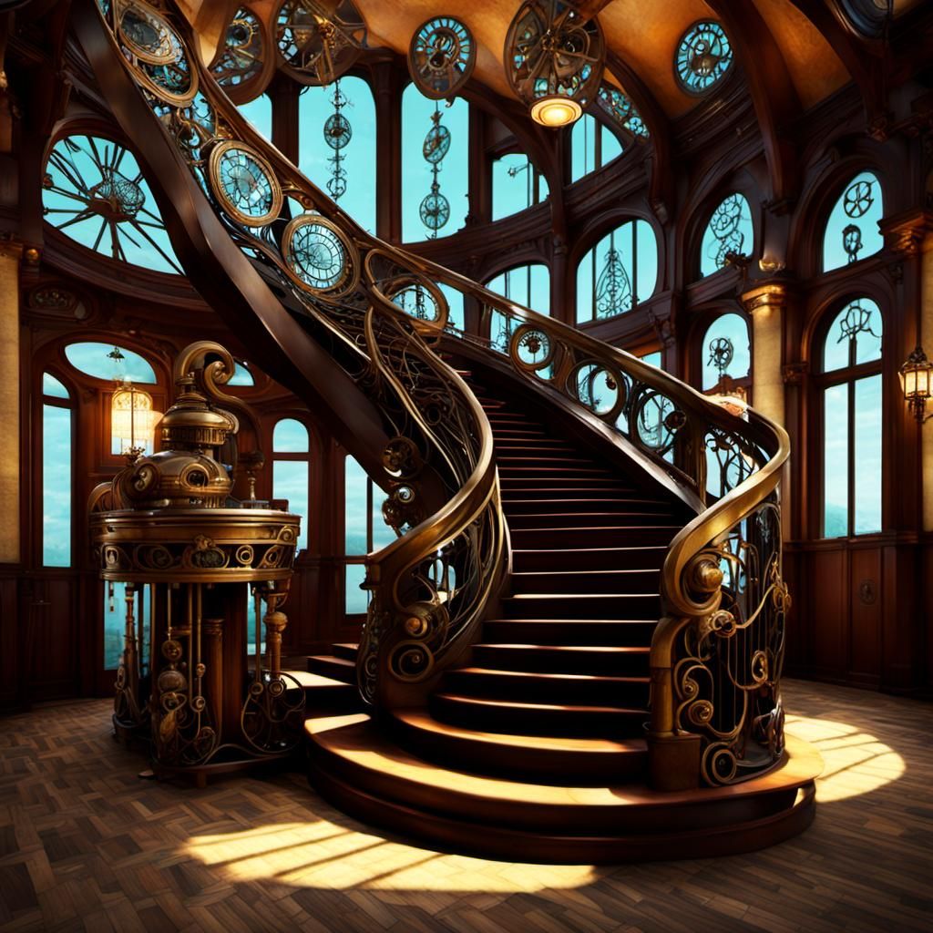 Art Nouveau Reception Hall with Steampunk Staircase