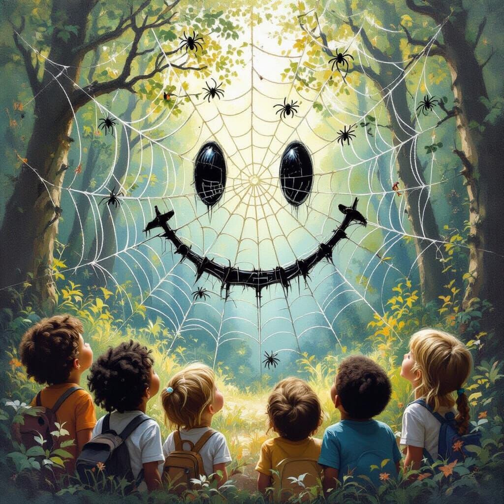Children Amazed by Giant Smiley Face Spider Web
