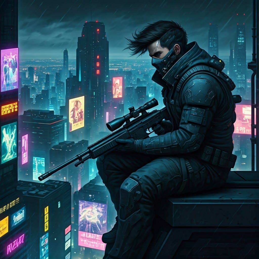 Cyberpunk Sniper on Skyscraper Edge in Neon City