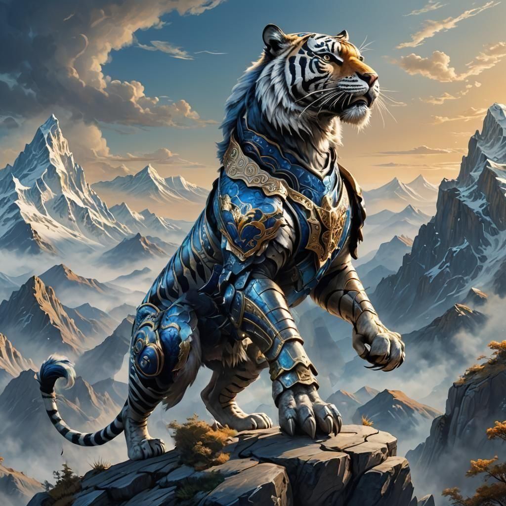 Armoured Tiger in Blue and Silver on Mountains
