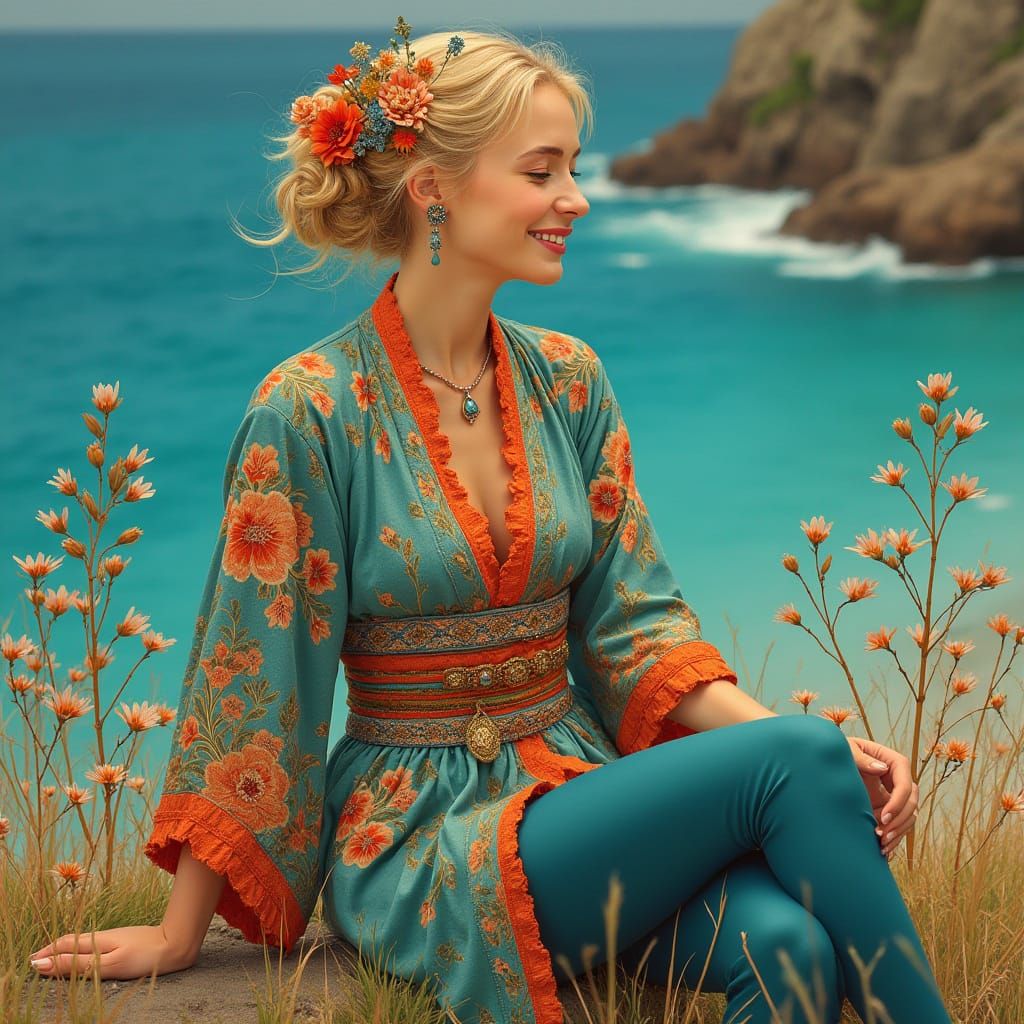 Elegant Woman with Wildflowers, Art Nouveau Style