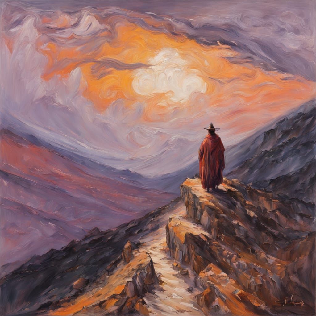 Llama Ascends Treacherous Mountain Path at Twilight