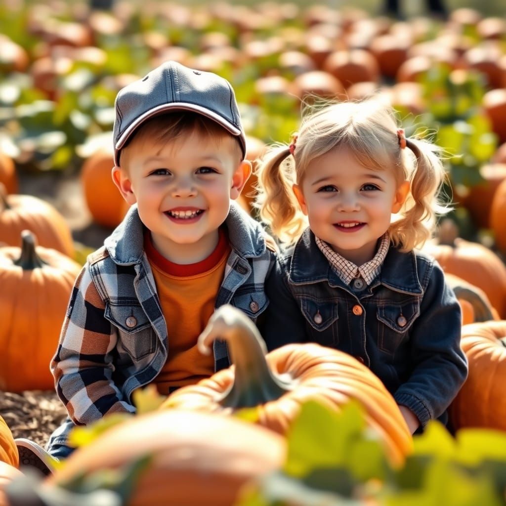 Children in Pumpkin Patch on Sunny Fall Day