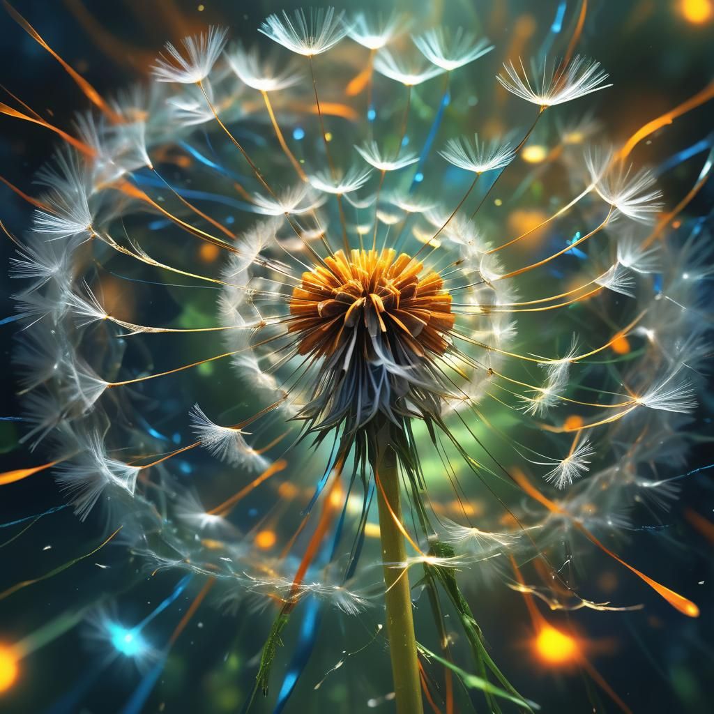 Dandelion Seed in Swirling Bioluminescent Vortex