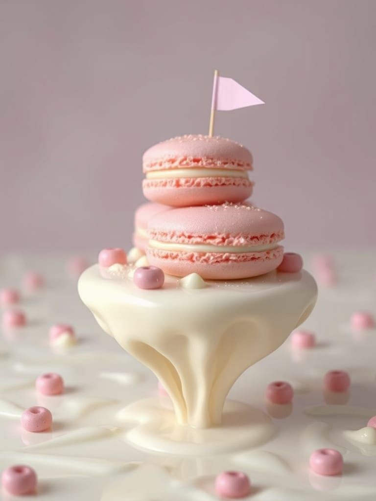 Floating Macaron Island in White Chocolate Sea