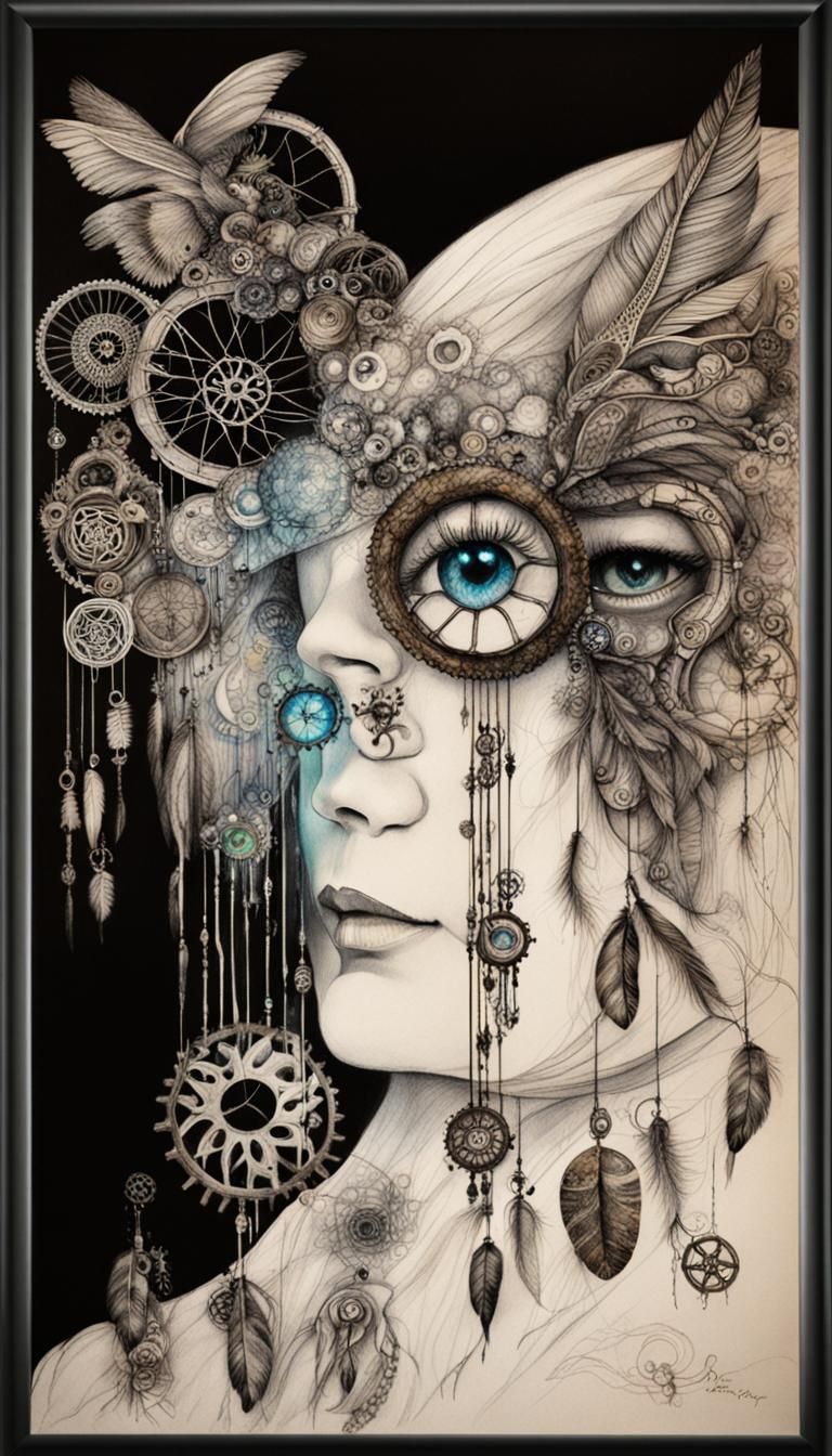 steampunk Kids Crayon drawings ,surreal child's drawing , dreamcatcher,  rayograph Man Ray collection of random b&W  fea...