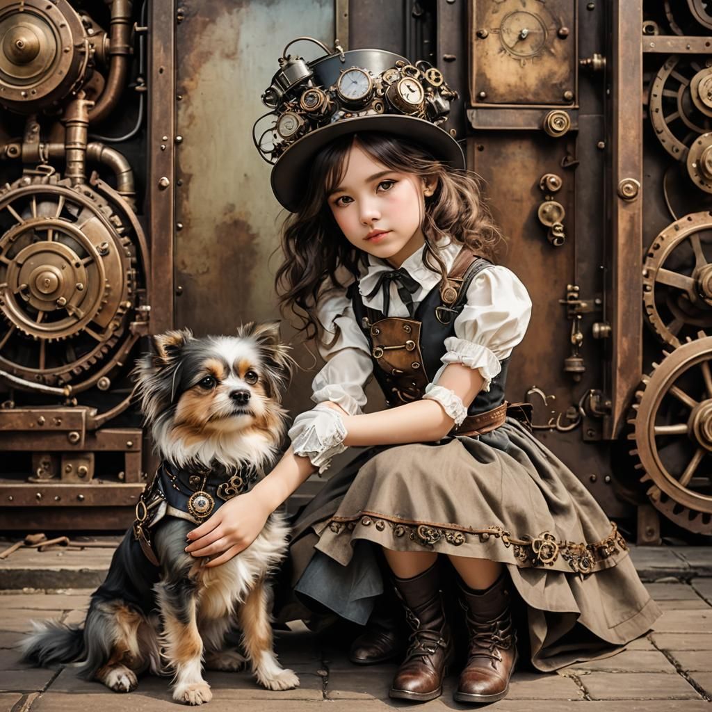 Girl and Dog in Steampunk Setting