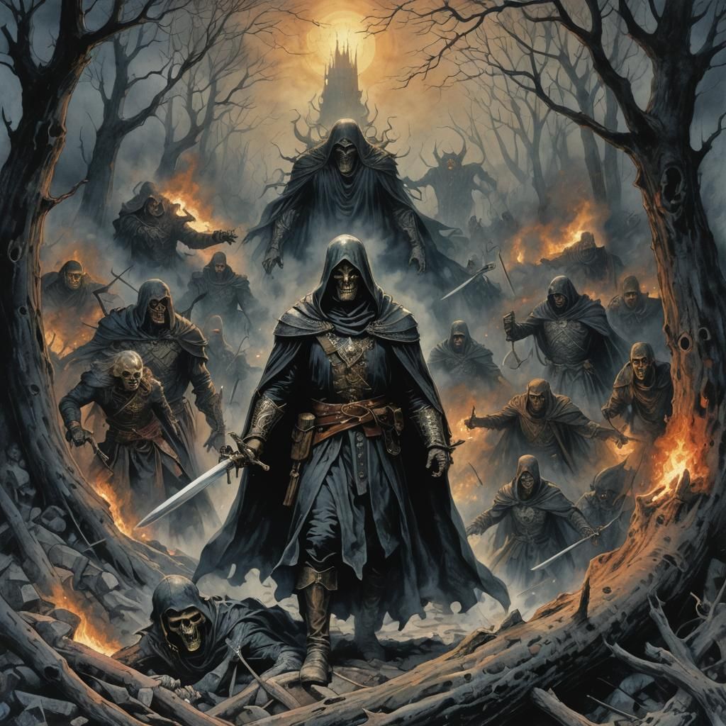 Eerie Figures Rise: A Watercolor Horror Scene