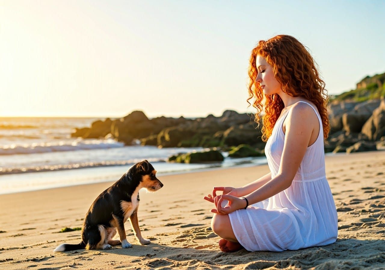 Red-Haired Woman Meditating on Beach in Golden Sunlight