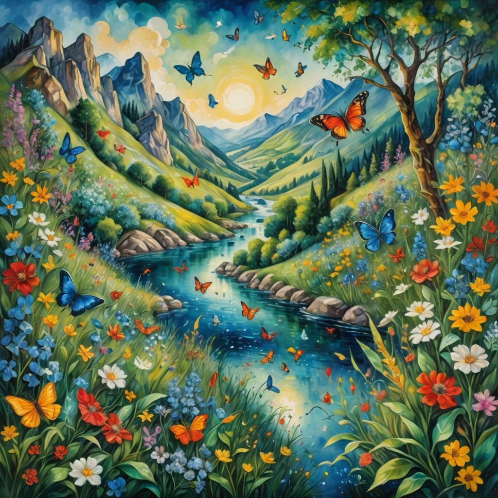 Lush Landscape with Birds as Oil Painting