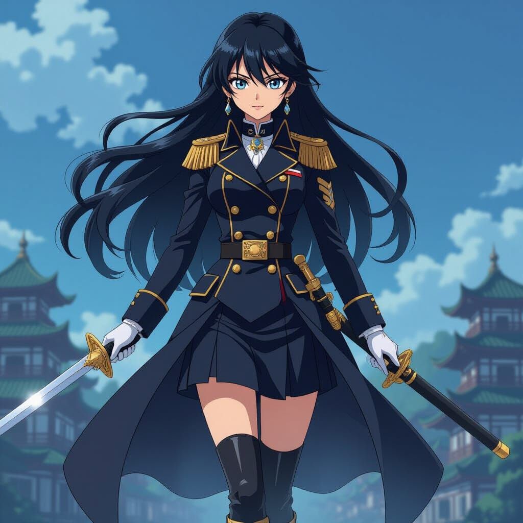 Anime Female Admiral in Black Uniform with Sword