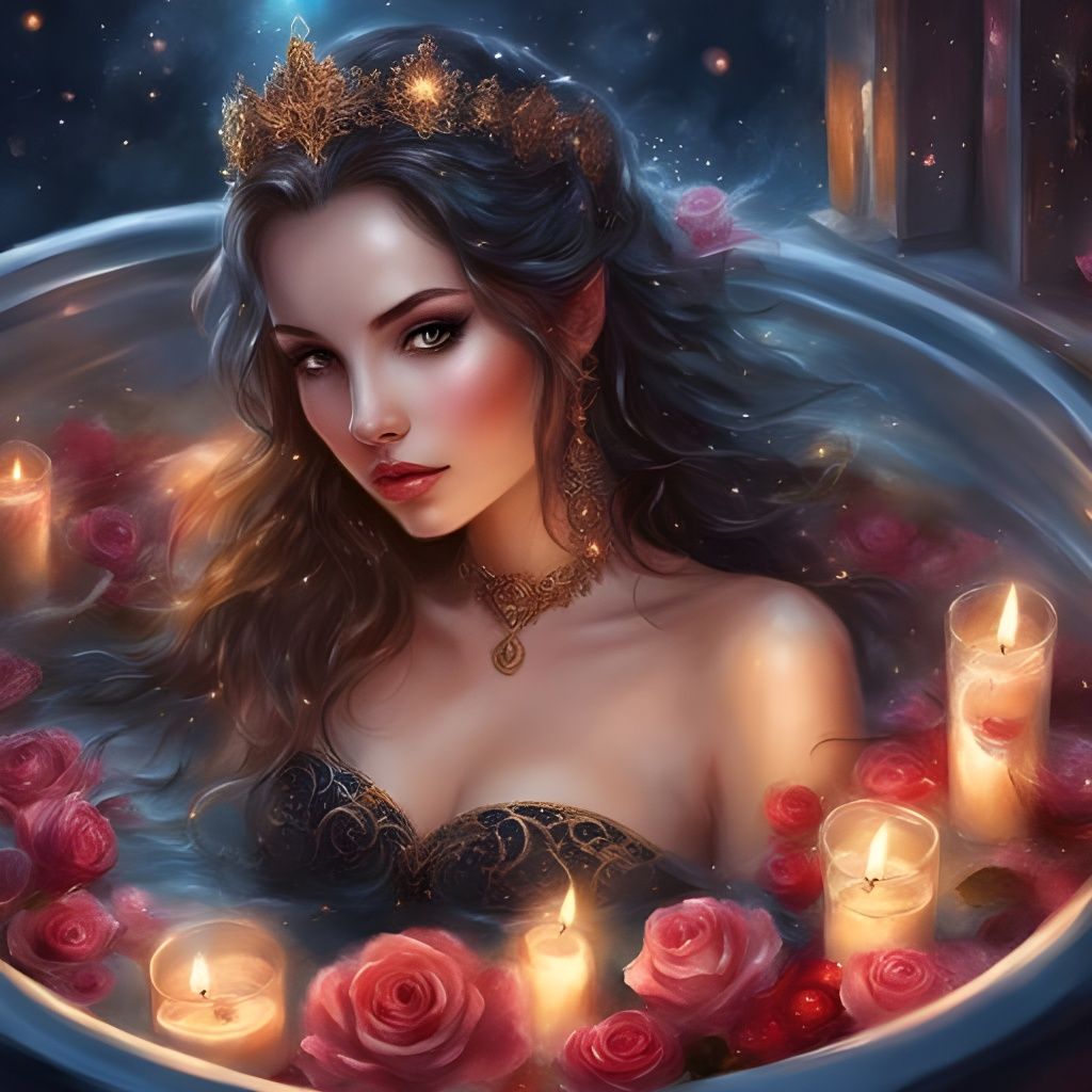 Modern Tatar Girl in Bath with Roses, Detailed Portrait