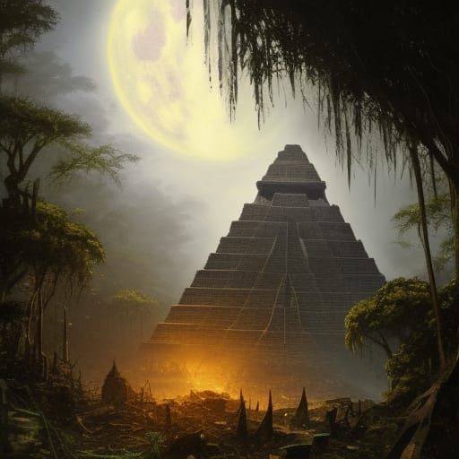 Mayan Pyramid Ruins Under Moonlight, Fantasy Art