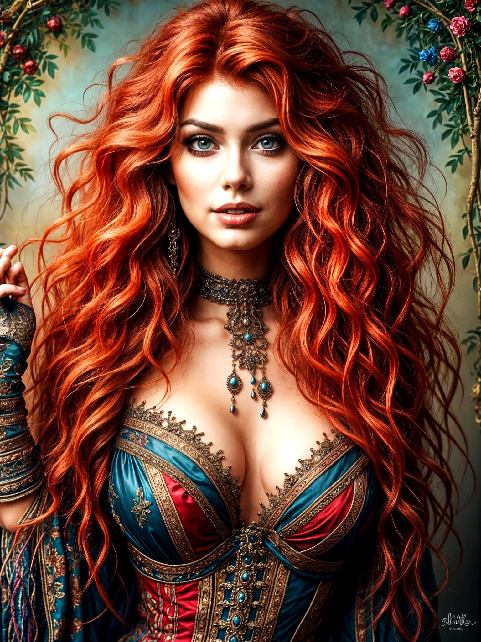 Enticing Woman in Harlequin Outfit with Red Hair