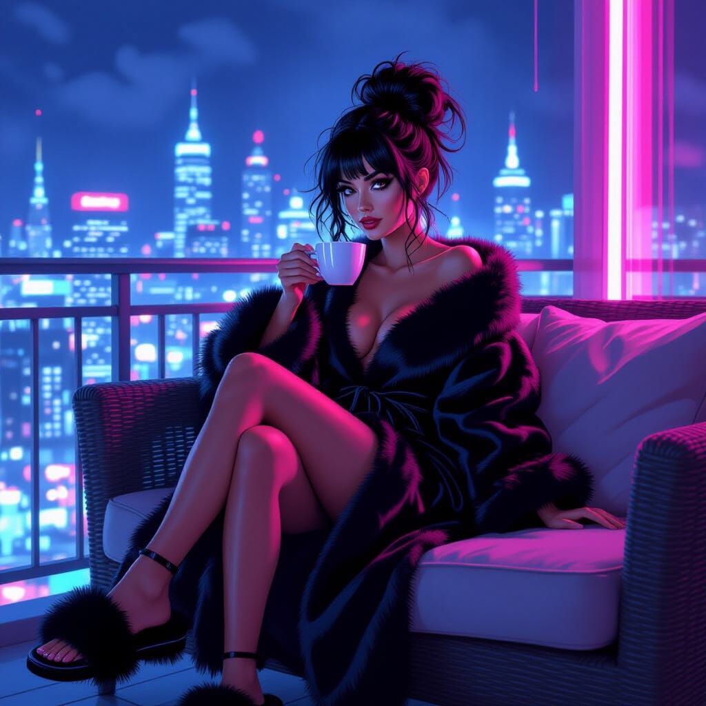 Sassy Neon Lady Sipping Coffee: Digital Oil Painting