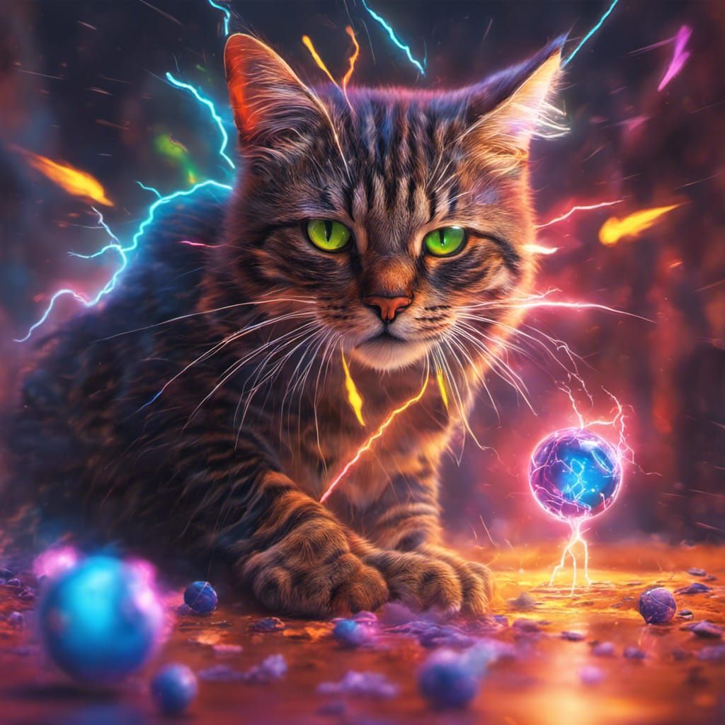 Hyperrealistic Cat Unleashes Lightning with Neon Accents