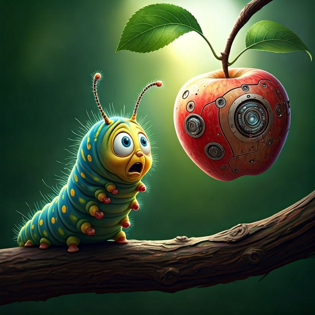 Dazed Caterpillar Stares in Horror at a Mechanical Apple