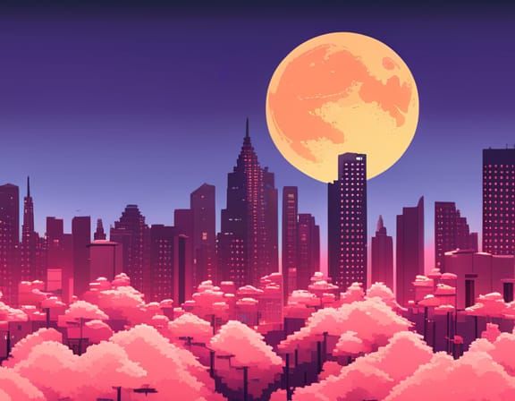 Pixel Art Cityscape with Cherry Blossom and Moon