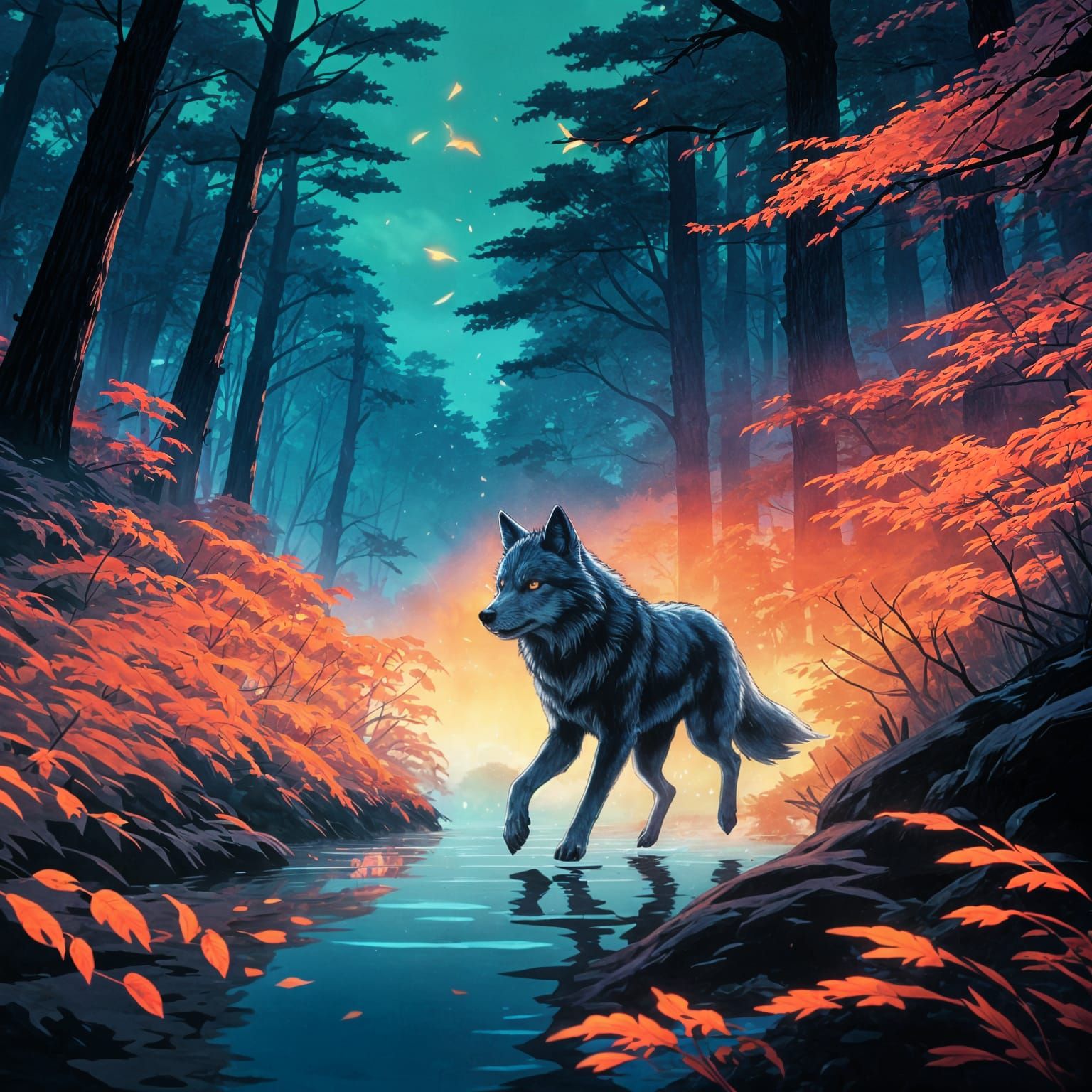 Wolf on the Hunt: Anime-Style Forest Scene