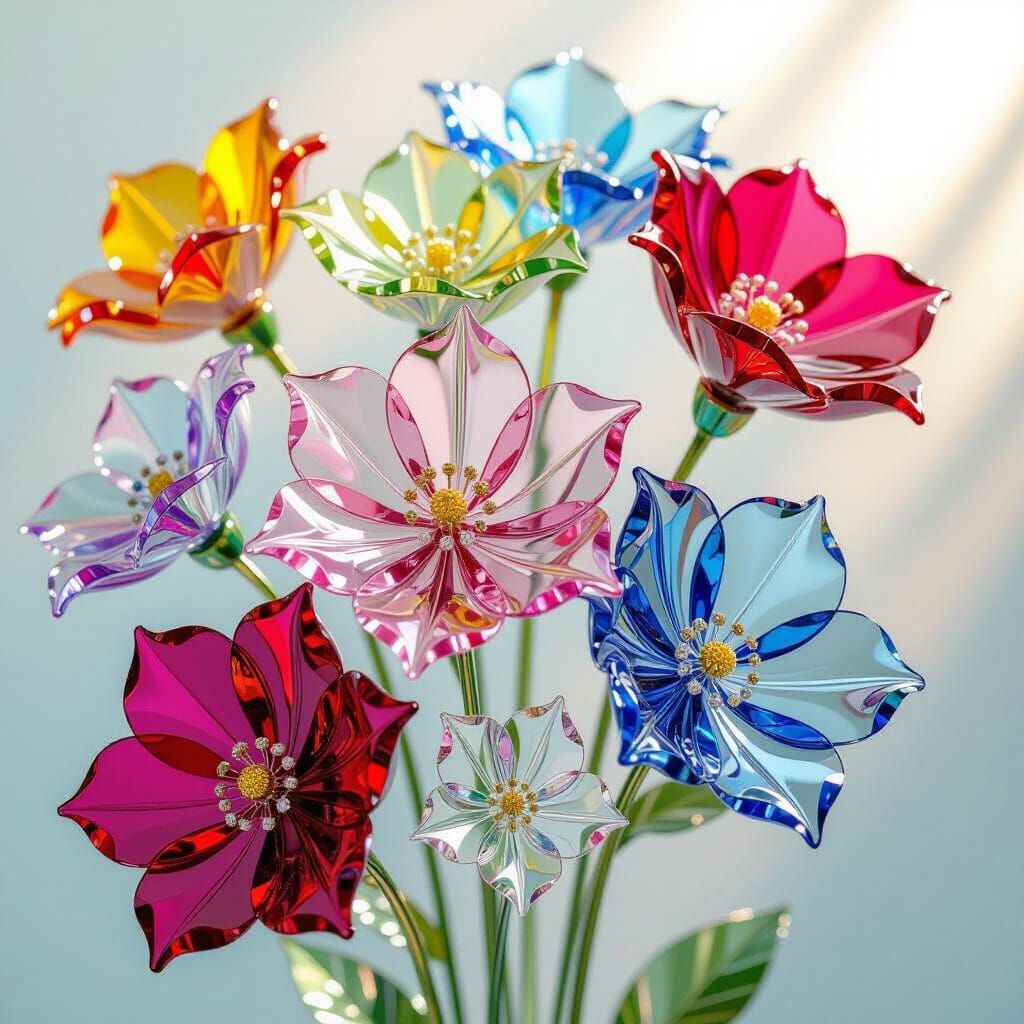 Rainbow Crystal Flowers in Glass Art Style
