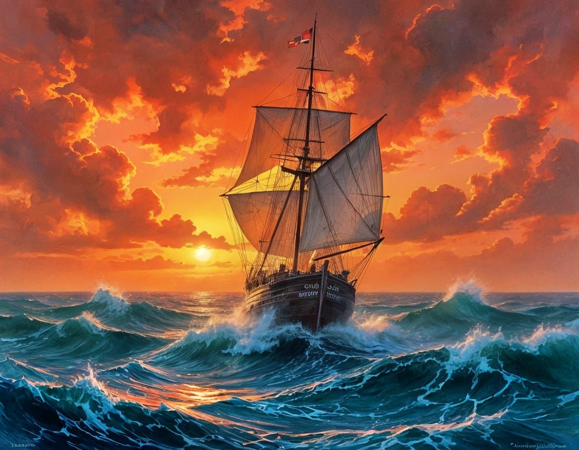 Dramatic Clipper Ship Sailing at Red Sunset Sea