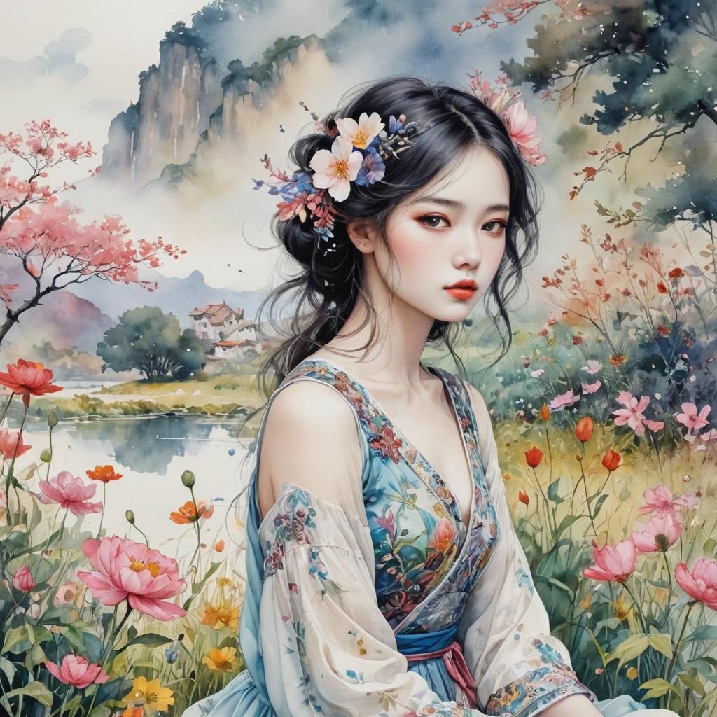 Surreal Serene Landscape in Watercolor Style