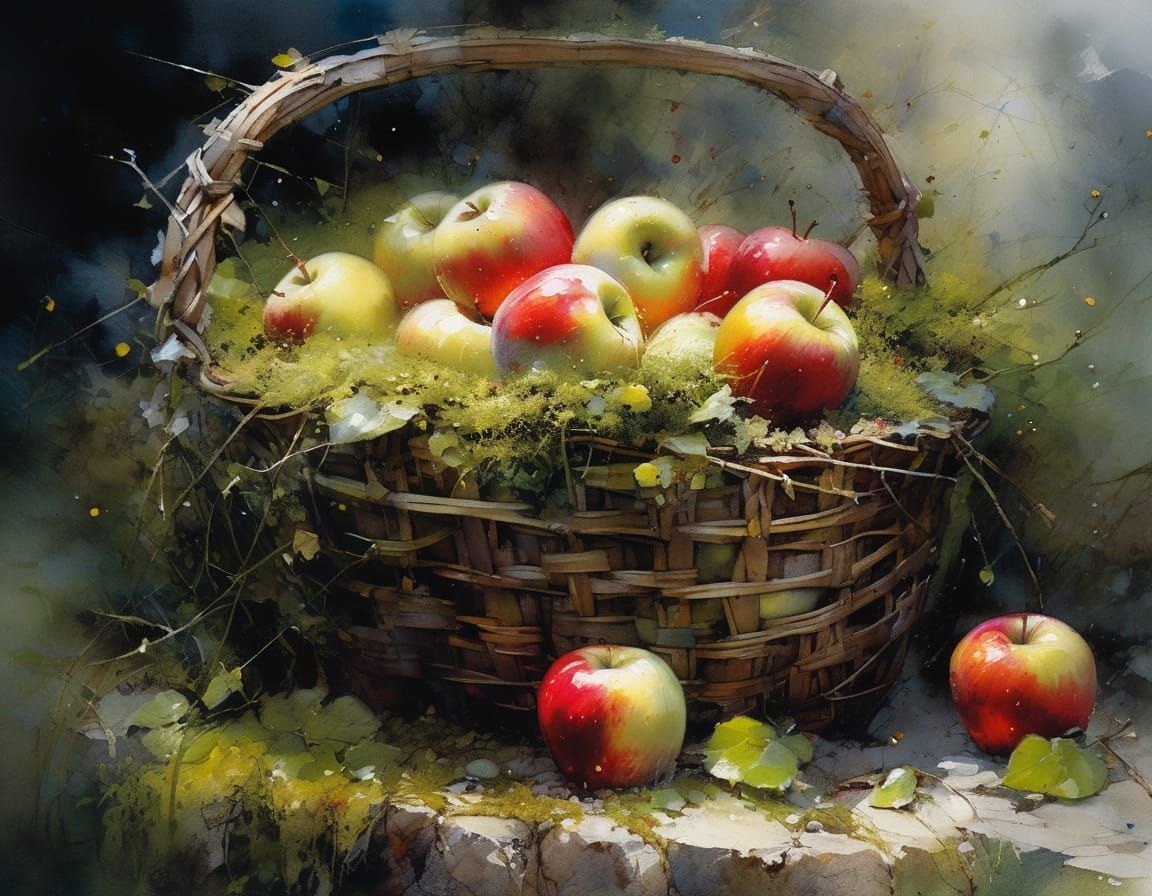 Vibrant Watercolor Basket of Apples in Dramatic Light