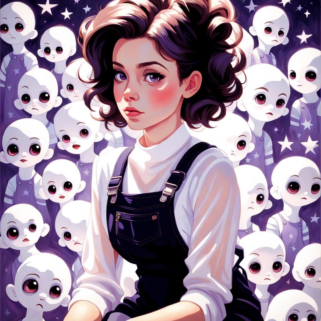 Woman Surrounded by Ghosts in Pixar Animation Style